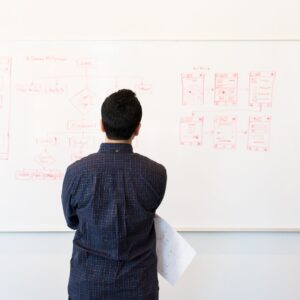 A business professional strategizing on a whiteboard.