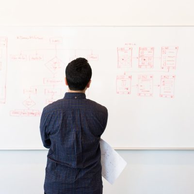 A business professional strategizing on a whiteboard.
