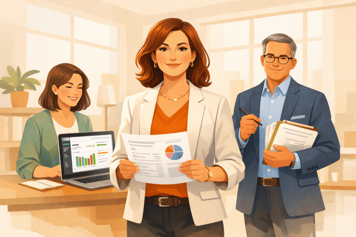 Small business owner supported by a virtual bookkeeper and CPA reviewing financial reports together