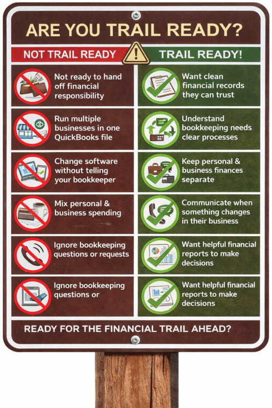 Illustrated trail-style sign titled “Are You Trail Ready?” designed like a park rule sign. The left column labeled “Not Trail Ready” shows red warning icons for bookkeeping mistakes such as not handing off financial responsibility, running multiple businesses in one QuickBooks file, changing software without telling the bookkeeper, mixing personal and business spending, and ignoring bookkeeping questions. The right column labeled “Trail Ready!” shows green check icons for positive behaviors including wanting trustworthy financial records, following clear bookkeeping processes, keeping personal and business finances separate, communicating business changes, and using financial reports to make decisions. The sign resembles a park trail rule board mounted on a wooden post.