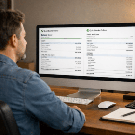 Small business owner reviewing completed monthly bookkeeping reports on a computer screen