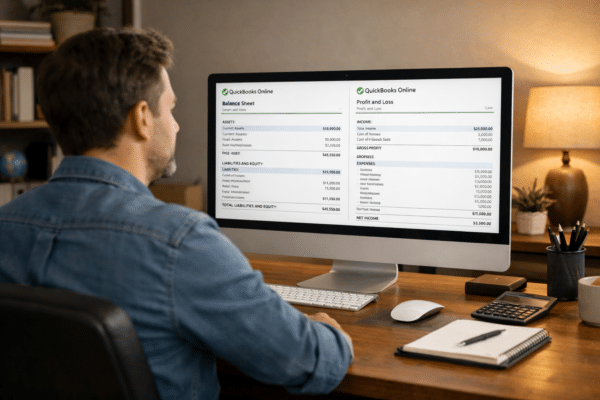 Small business owner reviewing completed monthly bookkeeping reports on a computer screen