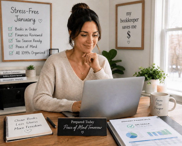 Small business owner smiling at laptop while reviewing clean financial reports in a bright office, showing stress-free January bookkeeping, organized 1099s, and easier tax season.