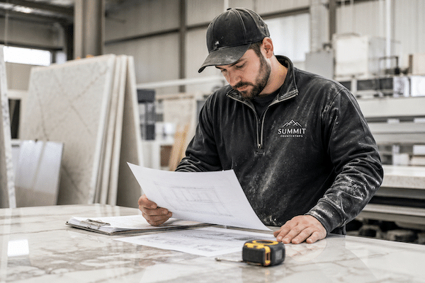 A countertop manufacturing and installation business owner reviews paperwork at a workstation, representing the need for catch-up and clean-up bookkeeping services.