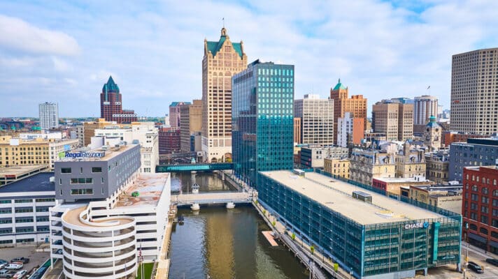 Downtown Milwaukee skyline and business district in Wisconsin