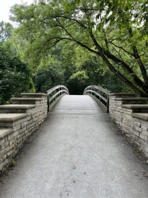 wooden bridge along wooded walking path near Hinsdale Illinois