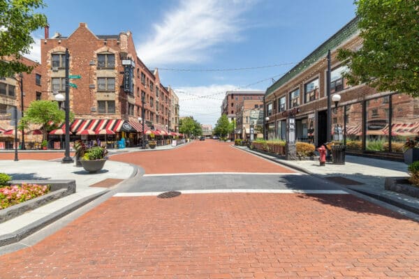 Downtown Oak Park Illinois business district with local shops and historic buildings