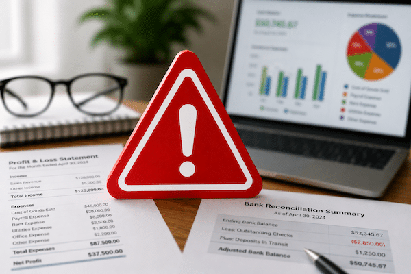 Warning sign illustrating common bookkeeping errors that can lead to inaccurate financial statements and unreliable business reports.