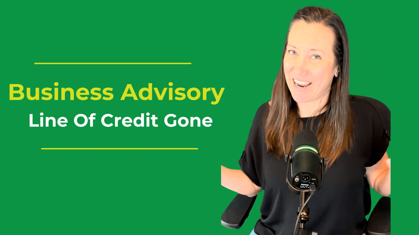 Amber Malone smiling at a microphone next to text reading Business Advisory, Line Of Credit Gone.