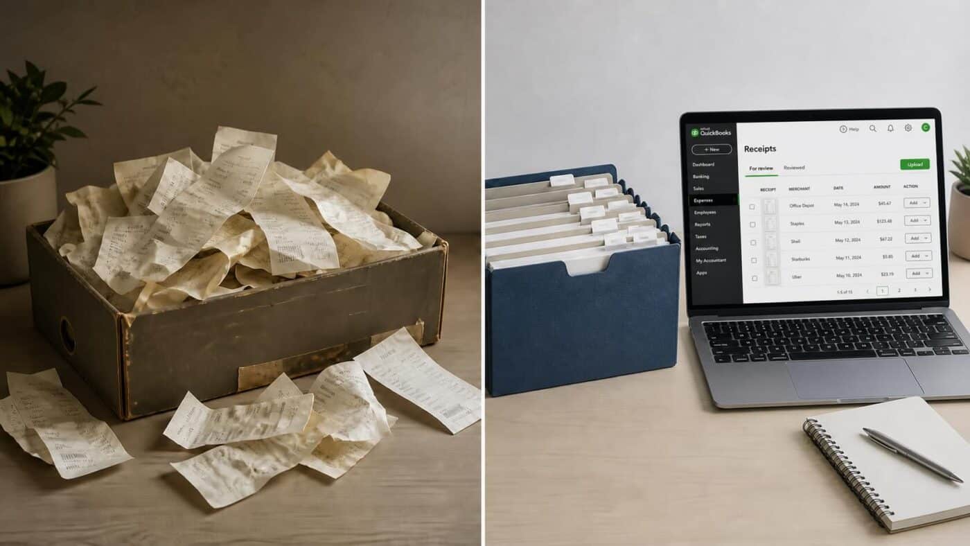 Organized receipt folder beside a shoebox of loose receipts, showing what happens if you get audited without receipts